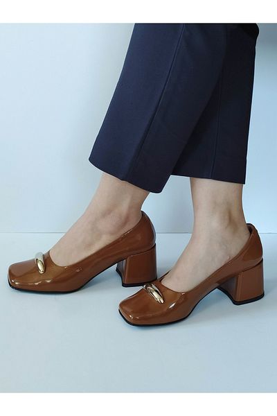 ERS Air Comfort Women's Tan Patent Leather Genuine Leather Classic Heeled Shoes Blunt Toe Bow Buckle Detailed