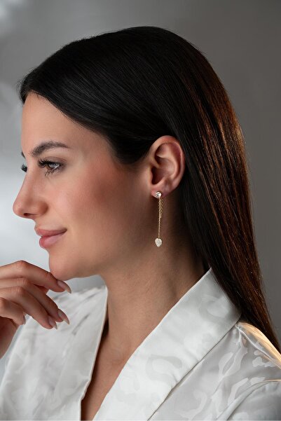 Nereze 925 Ayar Gümüş Gold Kaplama 5 Mm Tektaş Sallantılı Zincir Kalp Model Küpe