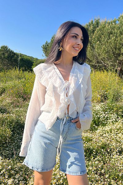 Seda Yalçın Atelier White Long Sleeve Ruffle Blouse