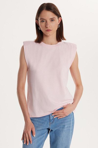 Tudors Tricou roz pentru femei Relax Fit, cu decolteu, cu mâneci zero
