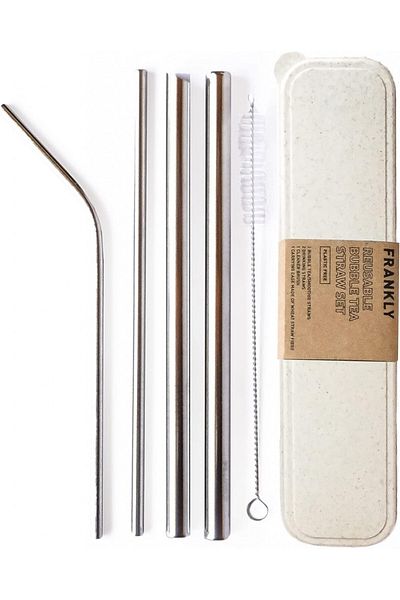 FRANKLY Set of 4 drinking straws with cleaning brush FRANKLY, stainless steel, silver