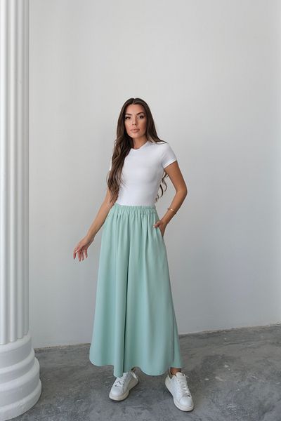 Hatun Atila Wide Cut Flared Double Crepe Trouser Skirt with Elastic Waist - Water Green