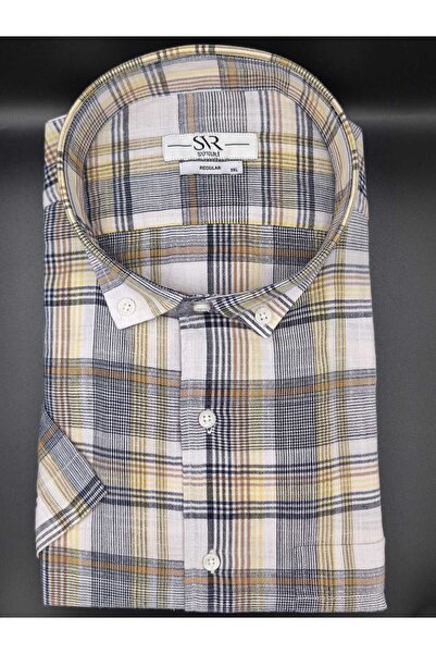 SÜVARİ Süvari Premium %100 Pamuk Rahat Kalıp Cepli Kısa Kol Kareli Gömlek