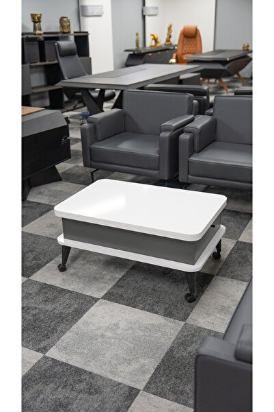 OFİSSEKİZ Smart Kademeli Tekerlekli Sihirli Akıllı Sehpa Orta Sehpa Beyaz - Antrasit