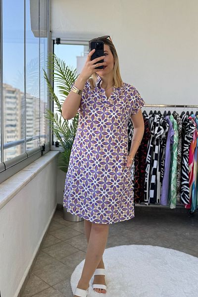 Kubos Moda Polo Neck Shoulder Draped Floral Purple Dress