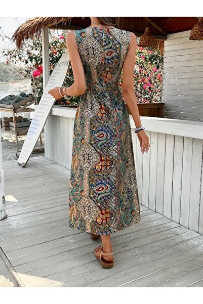 Viyamo Yeni Sezon Kadın Kolsuz V Yakalı Desenli Süprem Tulum Elbise