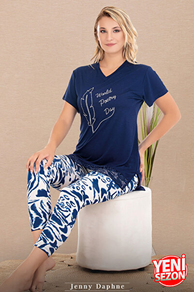 Jenny Daphne Viscose Fabric Floral Pattern Capris V-Neck Short-Sleeved Relaxed Fit Capris Pajamas Suit 12084