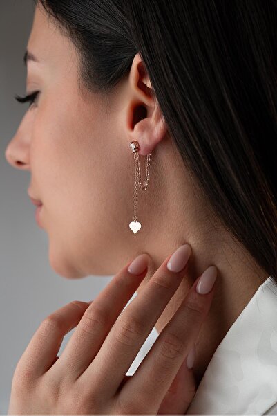 Nereze 925 Ayar Gümüş Rose Kaplama 5 Mm Tektaş Sallantılı Zincir Sade Kalp Model Küpe