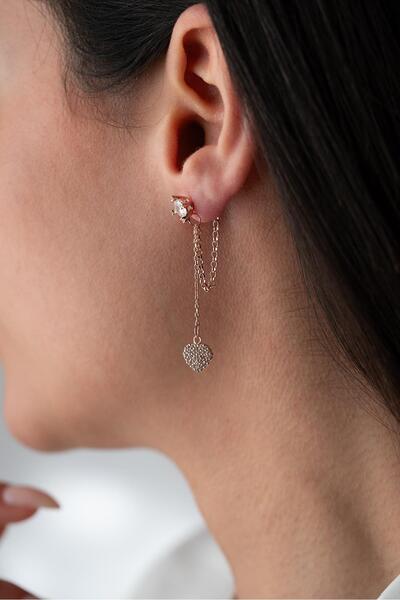 Nereze 925 Ayar Gümüş Rose Kaplama 5 Mm Tektaş Sallantılı Zincir Kalp Model Küpe