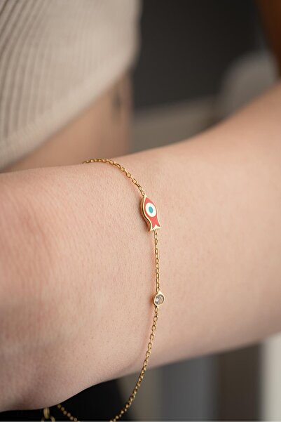 Nereze 925 Ayar Gümüş Gold Kaplama Tektaş Detay Minimal Balık Bileklik