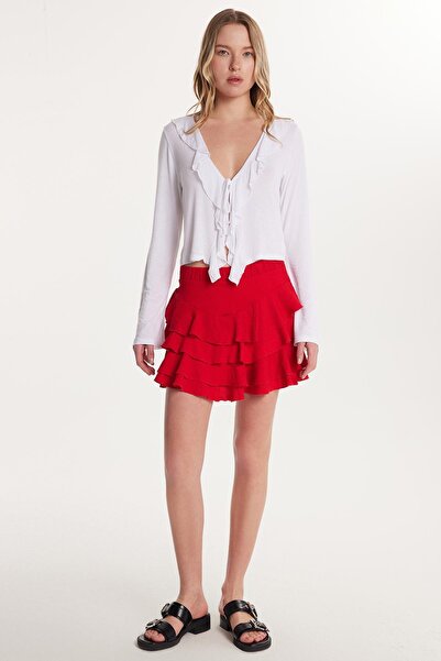 Tudors Kadın Relax Fit Rahat Kesim Beli Lastikli Piliseli Kırmızı Etek