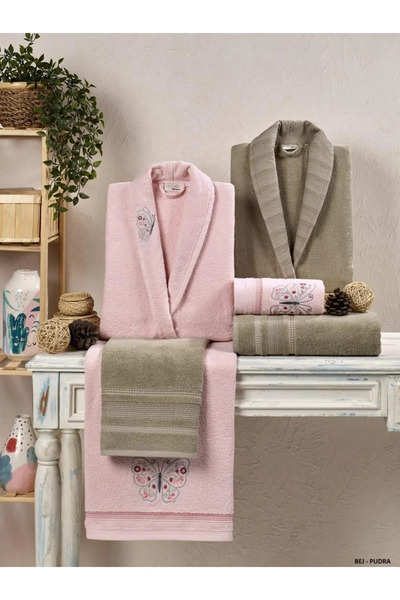 Taç Set de halate de baie de familie, 6 piese, brodat din bumbac moale, bej-p...