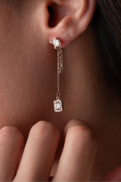 Nereze 925 Ayar Gümüş Rose Kaplama 5 Mm Tektaş Sallantılı Zincir Baget Taşlı Tektaş Küpe