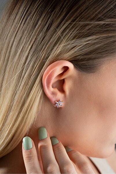 Nereze 925 Ayar Gümüş Gold Kaplama Mor Zirkon Taşlı Lotus Çiçeği Küpe