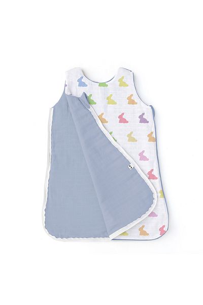DEUX LAPINS 100% Cotton Muslin Baby Sleeping Bag 0.5 Tog - Rainbow Lapin Blue - Multicolored Rabbits 0-6 Months