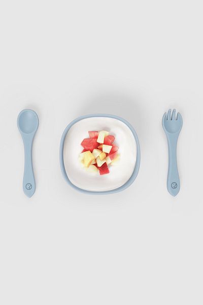 Little Gusto Silicone Vacuum Blue Food Plate and Fork Spoon Set