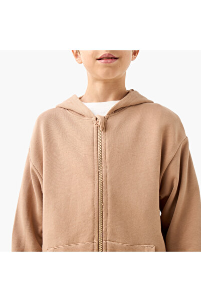 Juniors Solid Hooded Sweatshirt With Long Sleeves And Zip Closure