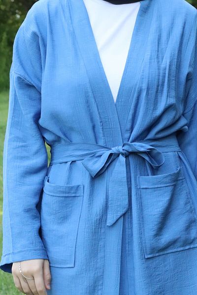 ilmek 5301 Kimono lung pentru femei cu buzunar și centură Indigo