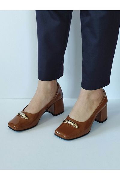 ERS Air Comfort Women's Tan Patent Leather Genuine Leather Classic Heeled Shoes Blunt Toe Bow Buckle Detailed