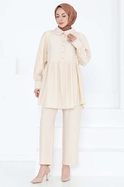 TOFİSA Collar Detailed Double Suit Beige - 27182