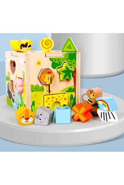 sallma Wooden cube with animals, Montessori, 15 shapes