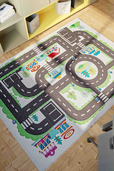 Serente Home Trafik Desenli Anti-bakteriyel Kaymaz Taban Şönil Yeşil Siyah Ço...