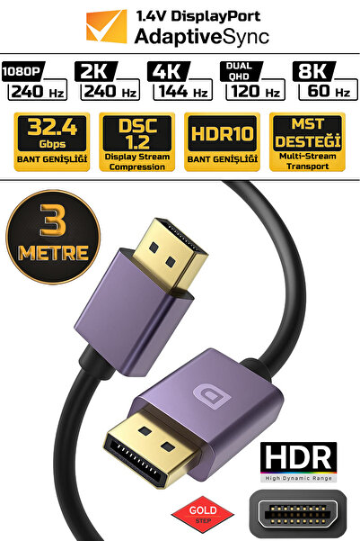 Gold Step DisplayPort 1.4V 3 Metre – 8K 60Hz 4K 120Hz 2K 240Hz - 32.4Gbps - HDR10 - DSC - VRR Uyumlu