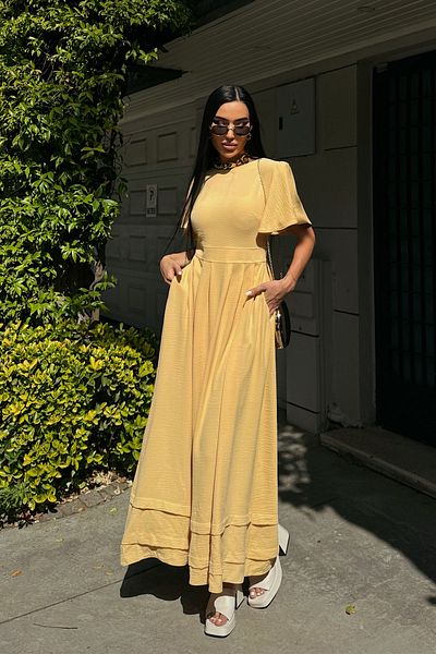 Seda Yalçın Atelier Yellow Draped Sleeves Dress with Cinched Waist