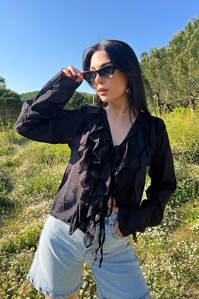 Seda Yalçın Atelier Black Long Sleeve Ruffle Blouse