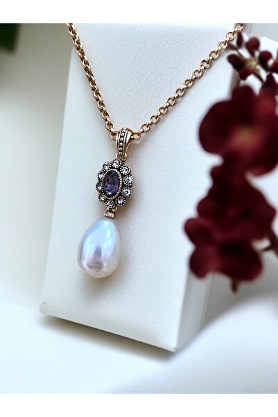 FAYRA ACCESSORIES Oval Kristal Taşlı Mayorka İnci Kolye