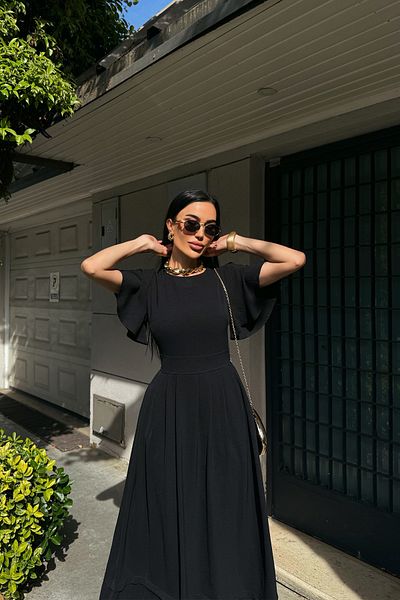 Seda Yalçın Atelier Black Draped Sleeves Dress with Cinched Waist