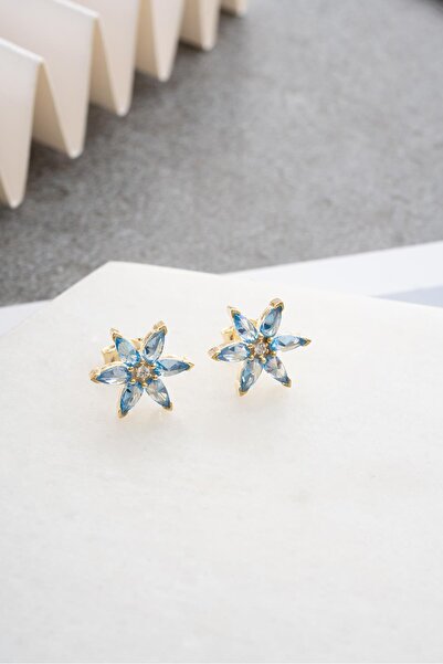 Nereze 925 Ayar Gümüş Gold Kaplama Mavi Zirkon Taşlı Lotus Çiçeği Küpe