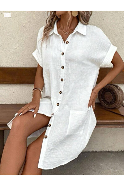 Modayakamoz Kadın Gömlek Elbise Düğmeli Salaş Cep Detaylı Kısa Kollu Bürümcük...