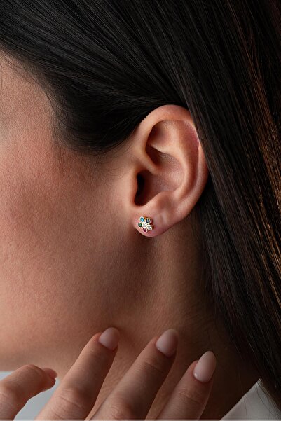 Nereze 925 Ayar Gümüş Gold Kaplama Minik Mix Taşlı Kır Çiçeği Küpe