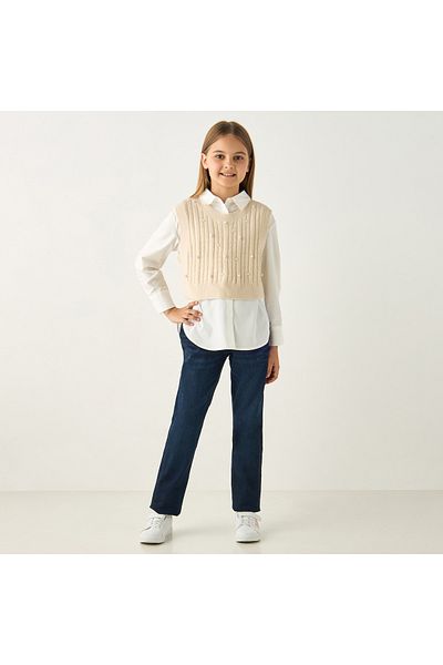 Juniors Pearl Embellished Sleeveless Cardigan With Round Neck