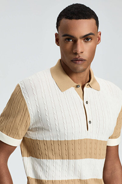 Hemington Sand Color Button Collar Hair Knit Mercerized Cotton Knitwear Polo