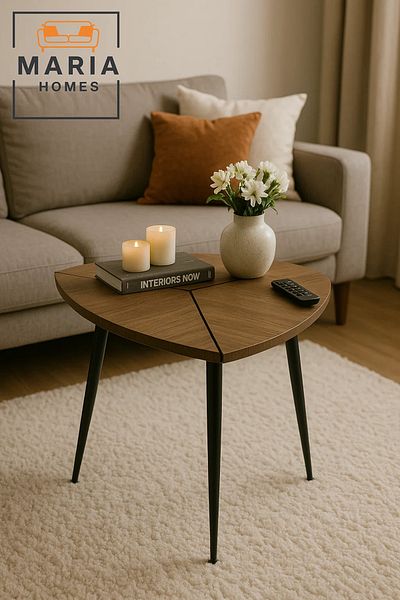MARIA HOMES Triangular Side Table with Wood Grain Top and Black Legs
