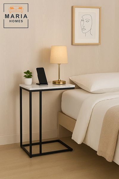 MARIA HOMES Rectangular Side Table with White Marble-Look Top and Black Frame