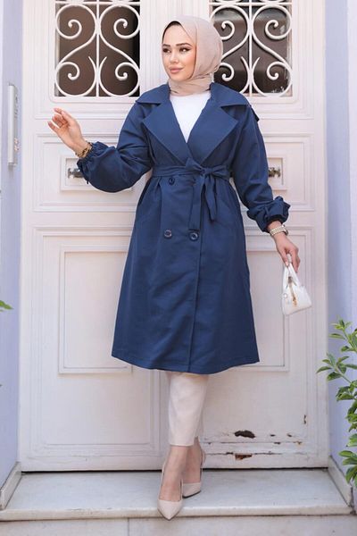 N.S NEVA STYLE Καμπαρντίνα με ζώνη Navy Blue Hijab 62181L