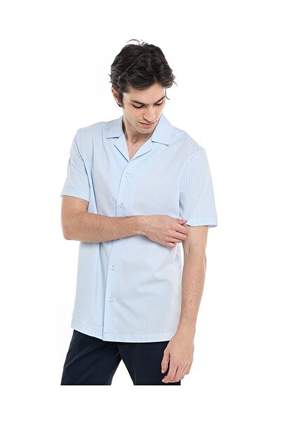 R&B Striped Shirt with Revere Collar and Short Sleeves