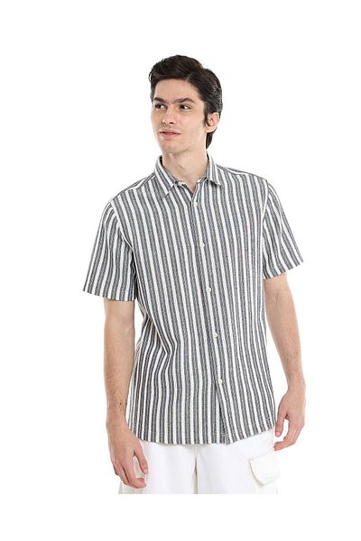 R&B Striped Shirt with Spread Collar and Short Sleeves
