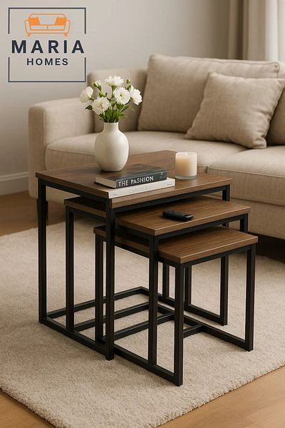 MARIA HOMES Set of 3 Rectangular Nesting Tables with Wood Tops and Black Frames