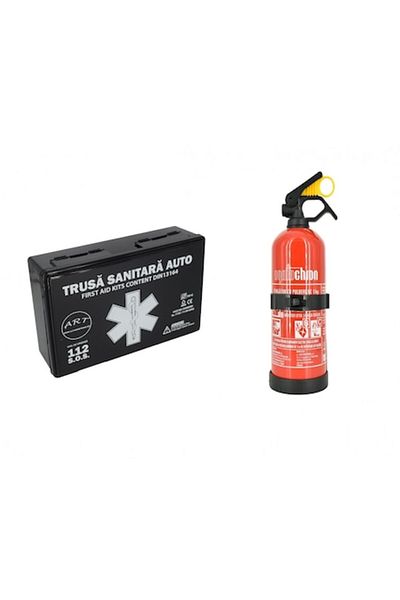 OMC Kit siguranta rutiera - Trusa medicala auto prim ajutor si Stingator auto reincarcabil 1kg 5 ani OMC