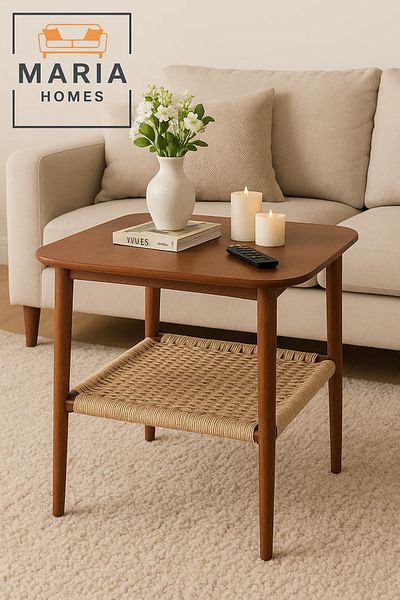 MARIA HOMES Retro Square Side Table with Woven Rattan Shelf and Wood Frame