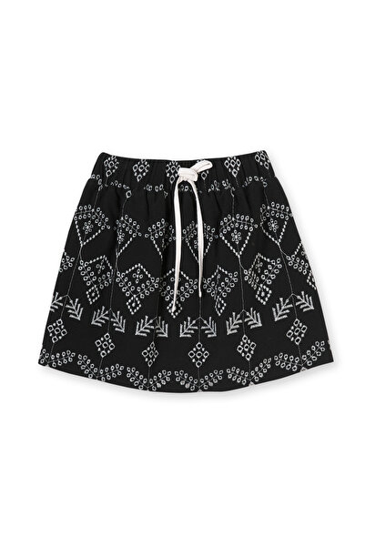 Patique Kids Black Cotton Brode Ethnic Patterned Girl's Skirt