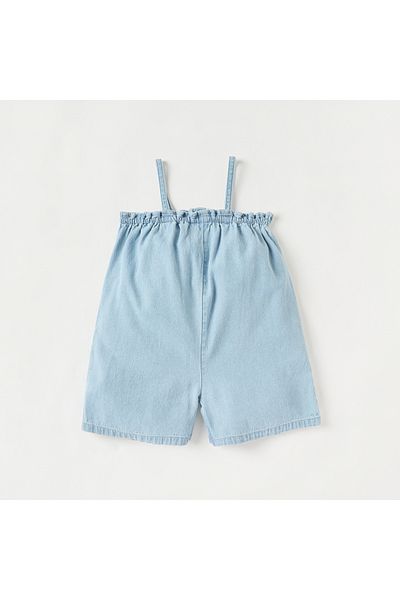 Juniors Animal Applique Denim Dungaree with Strap Sleeves and Button Detail