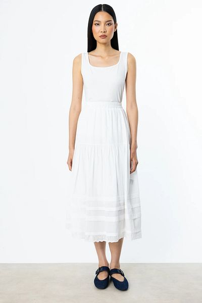 Ekol Women's Elastic Waist Lace Detailed Skirt 1552 Ecru