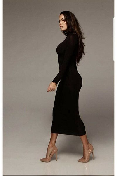 beyaz style Rochie de damă din tricot cu nervuri cu gât negru - 140 cm Lungime Smlxl