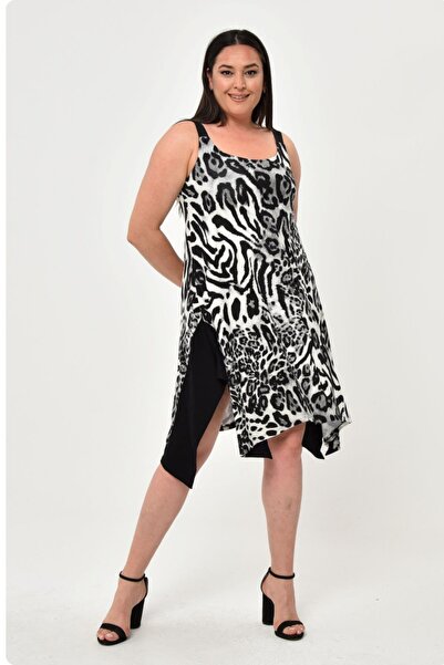 Ebsumu Women's Plus Size Asymmetrical Cutout Leopard Print Black-White Dress