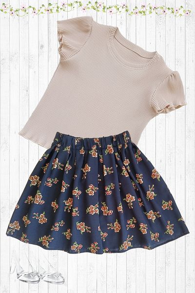 MODA59 Girl's Skirt Suit, Skirt T-Shirt Suit, Floral Skirt Twill Ecru T-Shirt